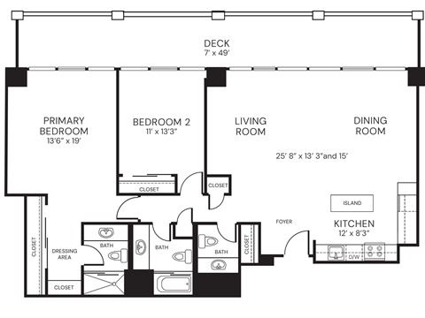 Floor plan for 2 beds, 2.5 baths, 1265 sqft